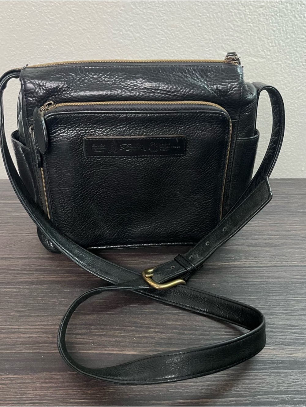 1954 Vintage Fossil black pebbled leather crossbody shoulder bag organizer boho